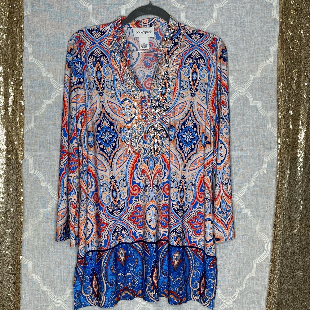 Peck and Peck Tunic Top Embellished V Neck Orange Blue Size M